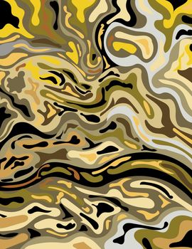 Digital marbling or inkscape illustration of an abstract swirling psychedelic liquid marble simulated marbling in Suminagashi Kintsugi marbled effect style in camouflage army green, brown, black gray color.
