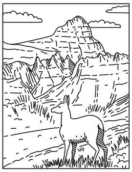 Mono line illustration of Badlands National Park with deer and steep canyons located in South Dakota, USA done in in retro black and white monoline line art style poster.