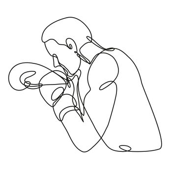 Continuous line drawing illustration of a boxer jabbing boxing side view done in mono line or doodle style in black and white on isolated background. 