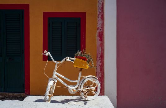 View of touristic flowers pot on a bike, typical colorful house on the background, Linosa