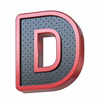 Red shinny metal and black leather font Letter D 3D render illustration isolated on white background