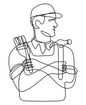 Continuous line drawing illustration of a handyman holding a hammer and paint brush with arms crossed done in mono line or doodle style in black and white on isolated background. 