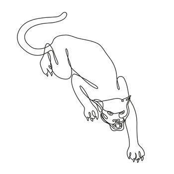 Continuous line drawing illustration of a black panther crouching ready to attack done in mono line or doodle style in black and white on isolated background. 