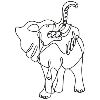 Continuous line drawing illustration of an African elephant charging front view  done in mono line or doodle style in black and white on isolated background. 