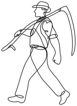 Continuous line drawing illustration of an organic wheat farmer with scythe walking side view done in mono line or doodle style in black and white on isolated background. 