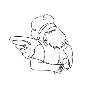 Continuous line drawing illustration of an angel chef cook or baker holding a spoon front view done in mono line or doodle style in black and white on isolated background. 