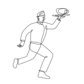 Continuous line drawing illustration of a waiter delivering cup of coffee running side view done in mono line or doodle style in black and white on isolated background. 