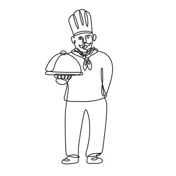 Continuous line drawing illustration of a chef, cook or baker holding a platter front view done in mono line or doodle style in black and white on isolated background. 