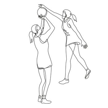 Continuous line drawing illustration of a netball player shooting and blocking the ball done in mono line or doodle style in black and white on isolated background. 