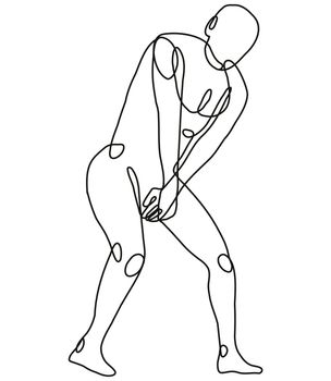 Continuous line drawing illustration of a nude male human figure standing covering holding crotch in mono line or doodle style in black and white on isolated background. 