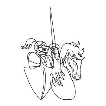 Continuous line drawing illustration of a knight with lance and shield riding stead done in mono line or doodle style in black and white on isolated background. 