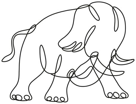 Continuous line drawing illustration of an African elephant charging side view  done in mono line or doodle style in black and white on isolated background. 