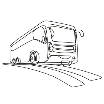 Continuous line drawing illustration of a tourist coach or shuttle bus low angle view done in mono line or doodle style in black and white on isolated background. 