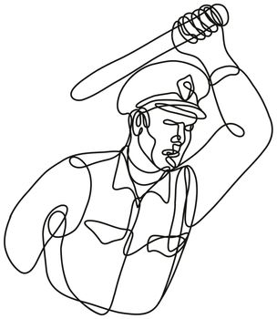 Continuous line drawing illustration of a policeman or police officer striking with baton or nightstick police  brutality done in mono line or doodle style in black and white on isolated background. 