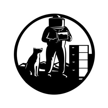Mascot illustration of beekeeper wearing bee suit with border collie dog and beehive with mountains on isolated white background inside circle in retro black and white style.