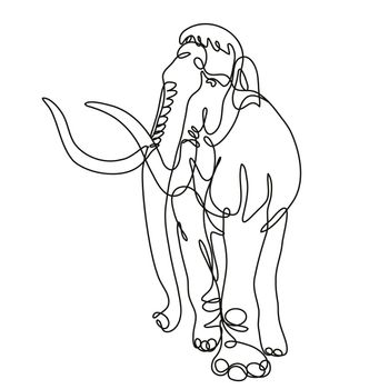 Continuous line drawing illustration of an Mammoth elephant walking front view  done in mono line or doodle style in black and white on isolated background. 