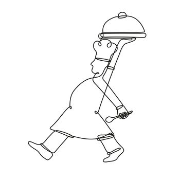 Continuous line drawing illustration of a chef cook or baker serving a food platter side view  
done in mono line or doodle style in black and white on isolated background. 