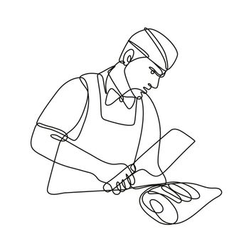 Continuous line drawing illustration of a butcher with meat cleaver cutting leg of ham done in mono line or doodle style in black and white on isolated background. 