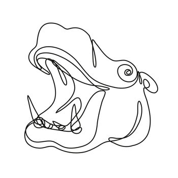 Continuous line drawing illustration of a hippopotamus hippo head side view done in mono line or doodle style in black and white on isolated background. 