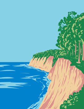 Art Deco or WPA Poster of Jasmund National Park with chalk cliffs and coastline on the Jasmund peninsula in Mecklenburg-Vorpommern, Germany done in works project administration style.