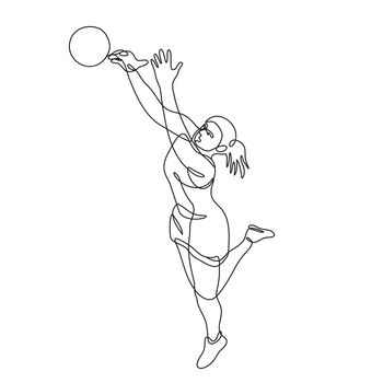 Continuous line drawing illustration of a netball player Rebounding and Catching the ball done in mono line or doodle style in black and white on isolated background. 