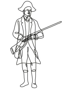 Continuous line drawing illustration of an American Patriot Revolutionary Soldier with Musket Rifle Front View  done in mono line or doodle style in black and white on isolated background. 