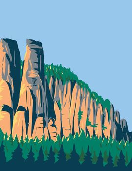 Art Deco or WPA poster of Elbe Sandstone Mountains located in Saxon Switzerland National Park in Switzerland done in works project administration style.