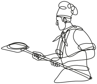 Continuous line drawing illustration of a pizza baker chef or cook holding peel done in mono line or doodle style in black and white on isolated background. 