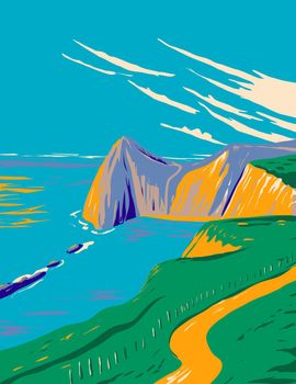 Art Deco or WPA poster of Durdle Door on Man of War Bay in the Jurassic Coast near Lulworth in Dorset, England done in works project administration style.