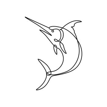 Continuous line drawing illustration of an Atlantic blue marlin jumping up done in mono line or doodle style in black and white on isolated background. 