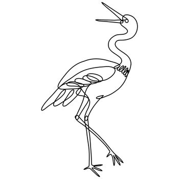Continuous line drawing illustration of a crane side view done in mono line or doodle style in black and white on isolated background. 
