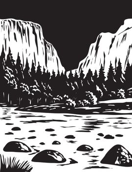 WPA poster monochrome art of El Capitan in Yosemite National Park in California, USA done in works project administration black and white style.