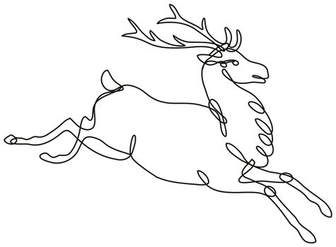 Continuous line drawing illustration of a red deer stag or buck jumping side view done in mono line or doodle style in black and white on isolated background. 