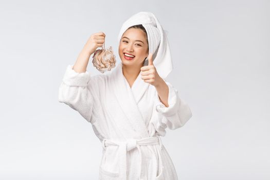 Asian woman being happy with the shower. Studio concept.