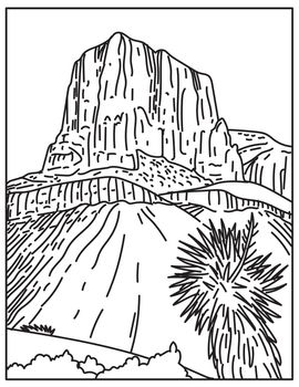 Mono line illustration of Guadalupe Mountains National Park in West Texas USA done in in retro black and white monoline line art style poster.