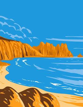 Art Deco or WPA poster of Logan Rock on Treen Cliff in Cornwall, England, UK done in works project administration style.
