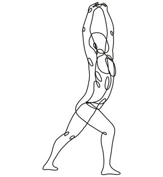 Continuous line drawing illustration of a nude male human figure standing and stretching his arms viewed from side done in mono line or doodle style in black and white on isolated background. 