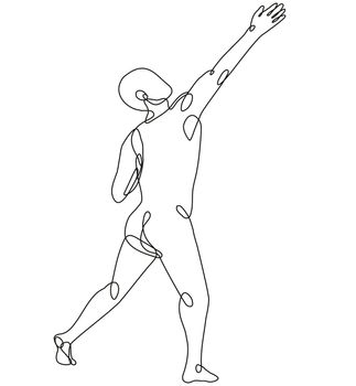 Continuous line drawing illustration of a nude male human figure standing and stretching his arms Pointing Up side View done in mono line or doodle style in black and white on isolated background. 