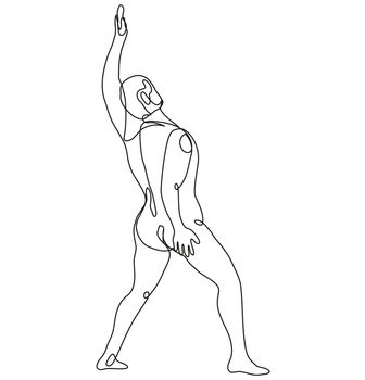 Continuous line drawing illustration of a nude male human figure Raising Hand Up viewed from rear done in mono line or doodle style in black and white on isolated background. 