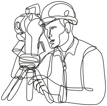 Continuous line drawing illustration of a geodetic surveyor using a theodolite done in mono line or doodle style in black and white on isolated background. 