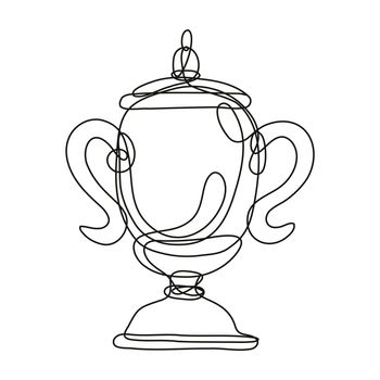 Continuous line drawing illustration of a championship cup or champion trophy front view  done in mono line or doodle style in black and white on isolated background. 