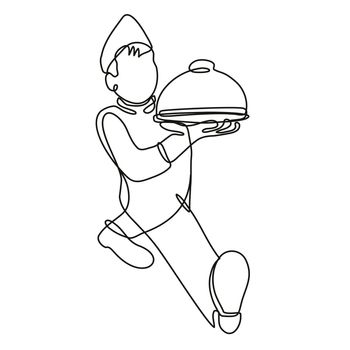 Continuous line drawing illustration of a waiter or food server serving a food platter front view 
done in mono line or doodle style in black and white on isolated background. 