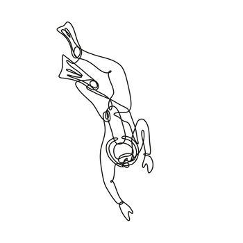 Continuous line drawing illustration of a scuba diver diving down done in mono line or doodle style in black and white on isolated background. 