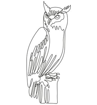 Continuous line drawing illustration of a tiger owl or great horned owl perching on tree stump done in mono line or doodle style in black and white on isolated background. 