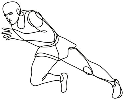 Continuous line drawing illustration of a track and field athlete running start done in mono line or doodle style in black and white on isolated background. 