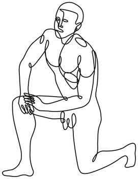 Continuous line drawing illustration of a nude male human figure kneeling on one knee done in mono line or doodle style in black and white on isolated background. 