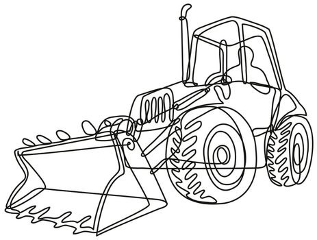 Continuous line drawing illustration of a country tractor digger with bucket front loader done in mono line or doodle style in black and white on isolated background. 