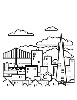 Mono line poster illustration of San Francisco downtown skyline with Golden Gate bridge in the Bay Area, California USA done in monoline line art style.