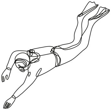 Continuous line drawing illustration of a scuba diver diving down done in mono line or doodle style in black and white on isolated background. 