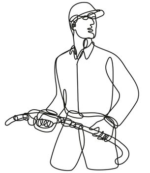Continuous line drawing illustration of a gasoline attendant holding a gas fuel nozzle done in mono line or doodle style in black and white on isolated background. 